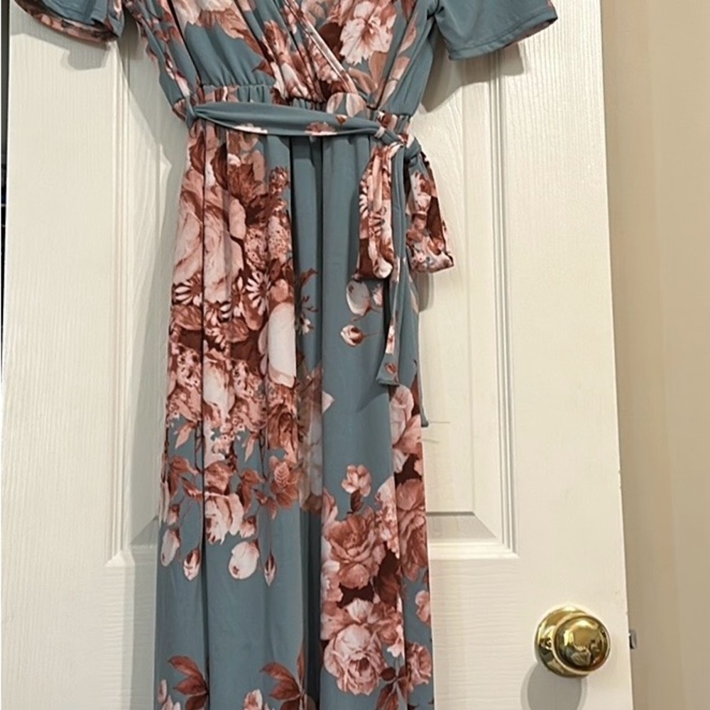 Floral Blue and Brown Wrap Dress